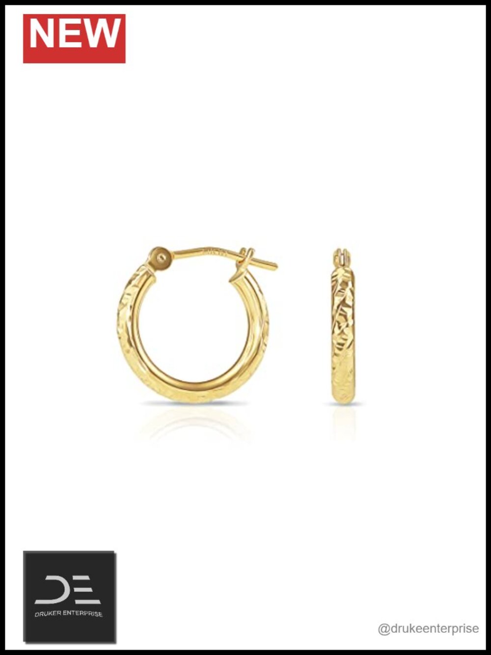 14k Yellow Gold Hand Engraved Diamond-cut Round Hoop Earrings